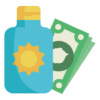 sun tan lotion and money icon
